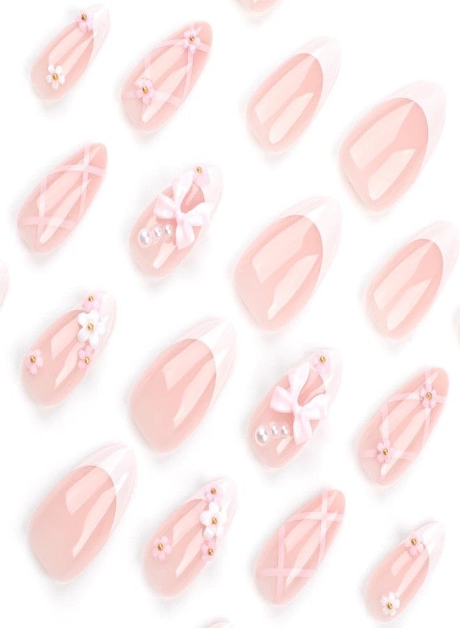 Foccna French Press on Nails Medium Rhinestone Pink Fake Nails Almond Bling Glossy 3D Flower False Nail Tips Artificial Nails Finger Manicure for Women&Girls -24 pcs - Image 4